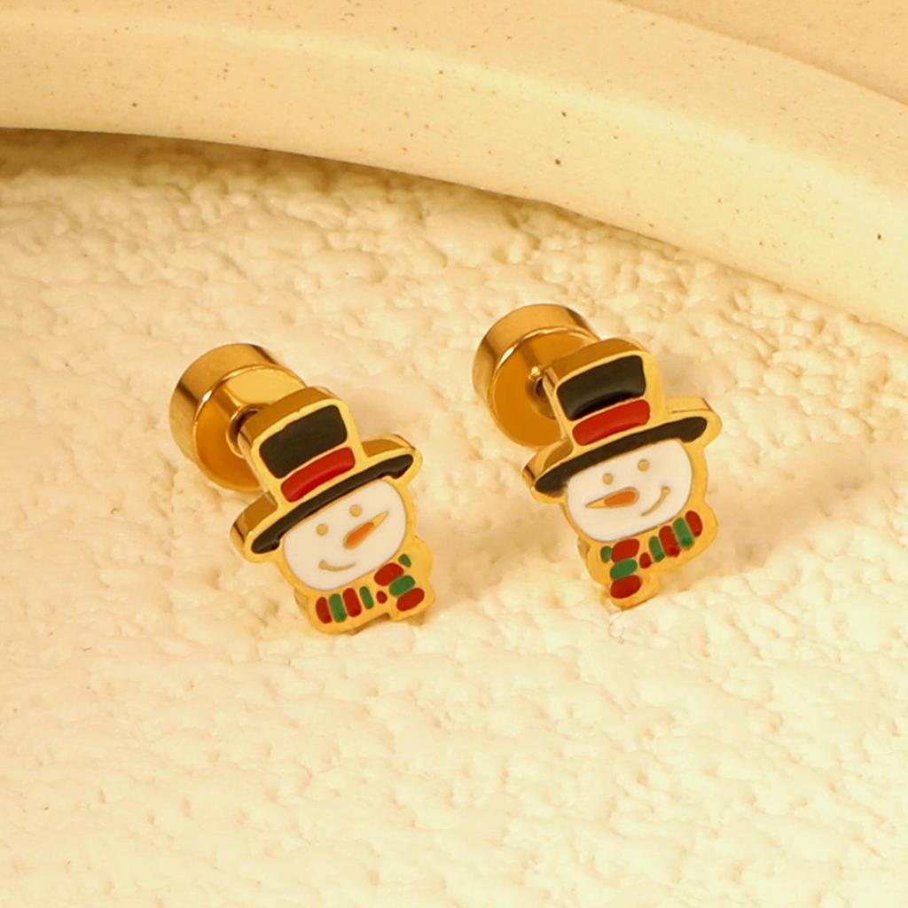 European & American Christmas Snowman Stud Earrings - Cute Pattern, Stainless Steel Screw-Back, Cross-Border Exclusive