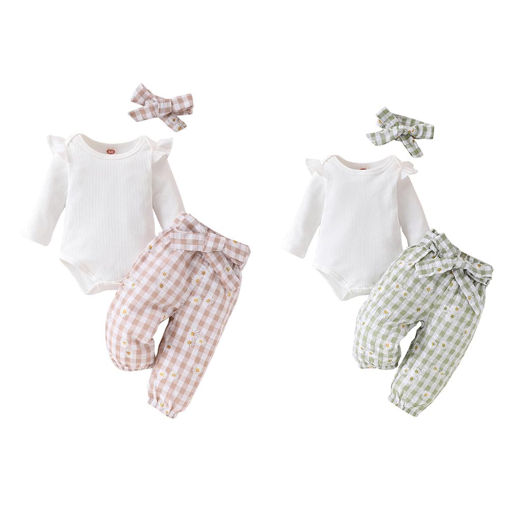 Baby Girl Fall Outfit, Long Sleeve Ribbed Romper Checkerboard Pants Daisy Headband Belt 4 Piece Set