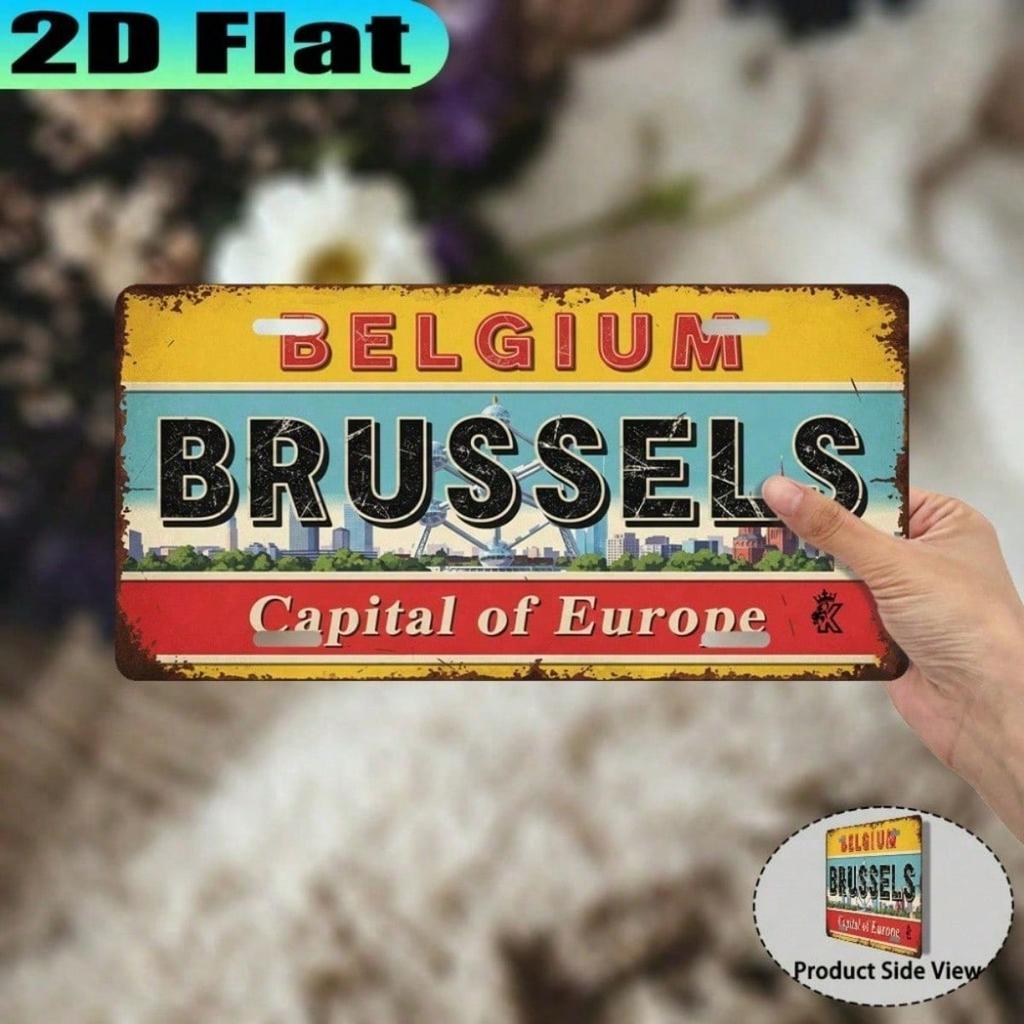 2D Flat Brussels Retro License Plate Frame, Waterproof Aluminum Car Tag Cover, 5.9x11.8in Vintage Urban Decor