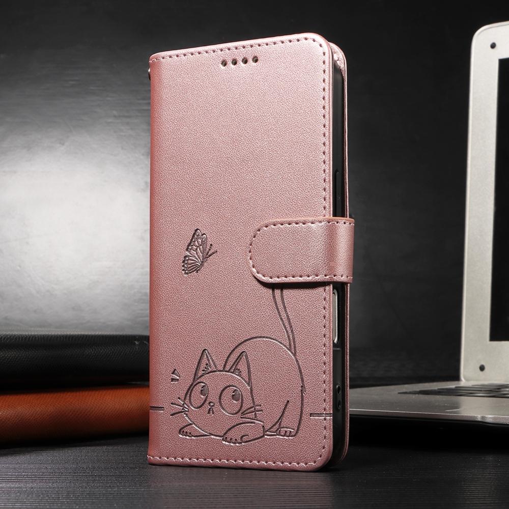 Magnetic Leather Wallet Case for Samsung Galaxy A05 A05S A06 A12 A13 A14 A22 A23 A24 A25 4G 5G | Cat & Butterfly Embossed Design