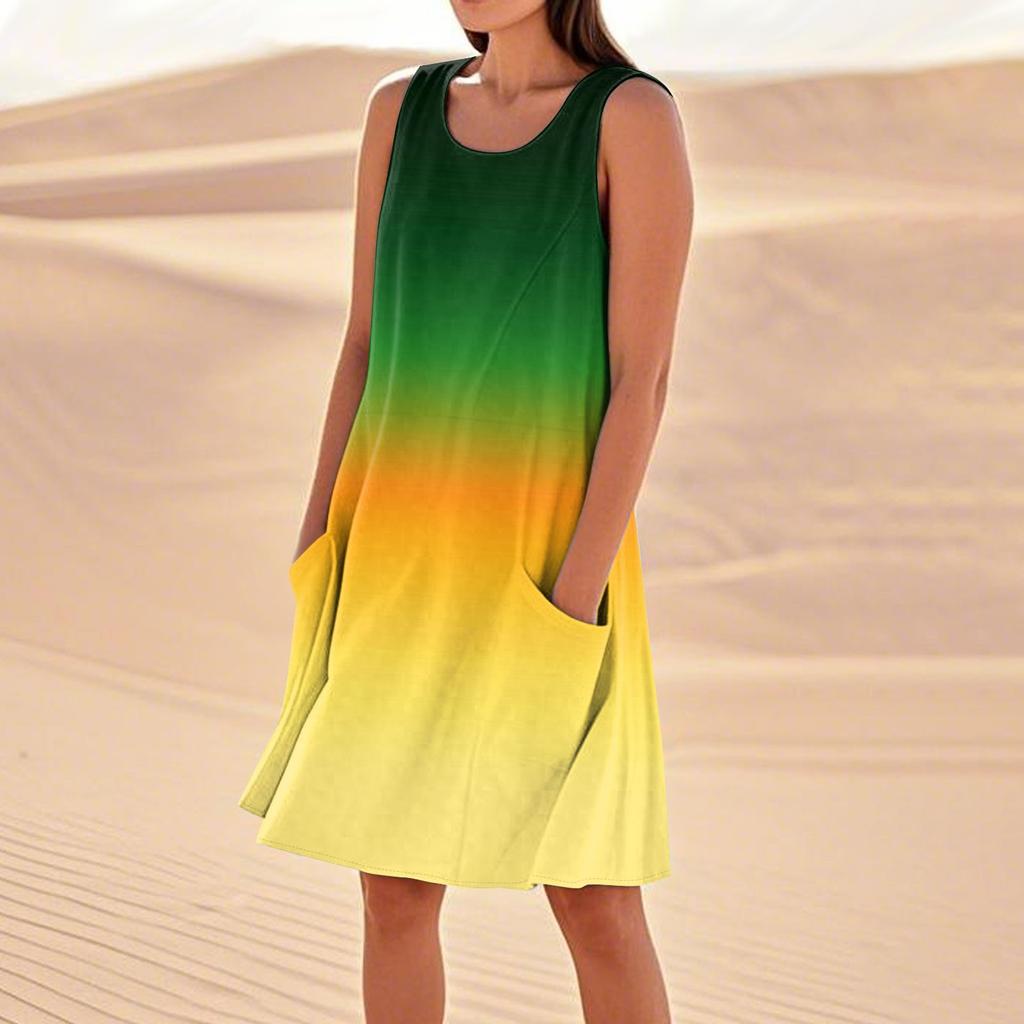 Women's Fashion Casual Gradient Print Sleeveless Pocket Beach Dress