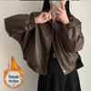 Korean Style Velvet-Lined PU Leather Jacket - Petite, Loose Fit, Short, Autumn/Winter Women's Coat