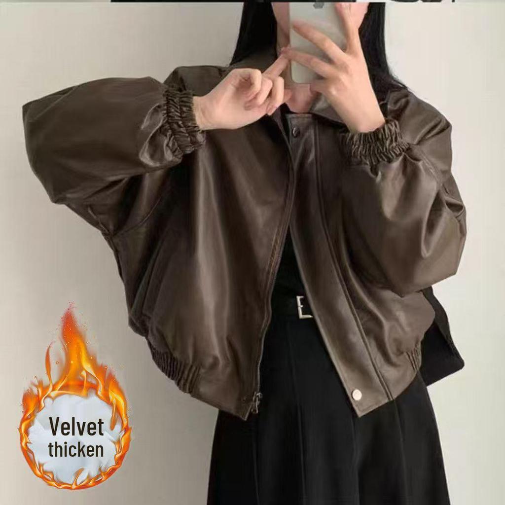 Korean Style Velvet-Lined PU Leather Jacket - Petite, Loose Fit, Short, Autumn/Winter Women's Coat