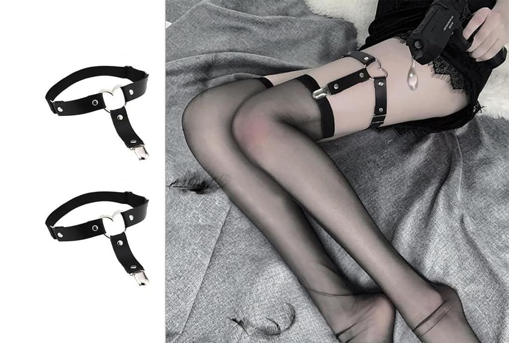 LeTradeJP Black Leg Leg Garter Sock 1 Pair Heart-Shaped Garters, Rings, Belt, Garter, Unisex, Non-Slip, Adjustable,