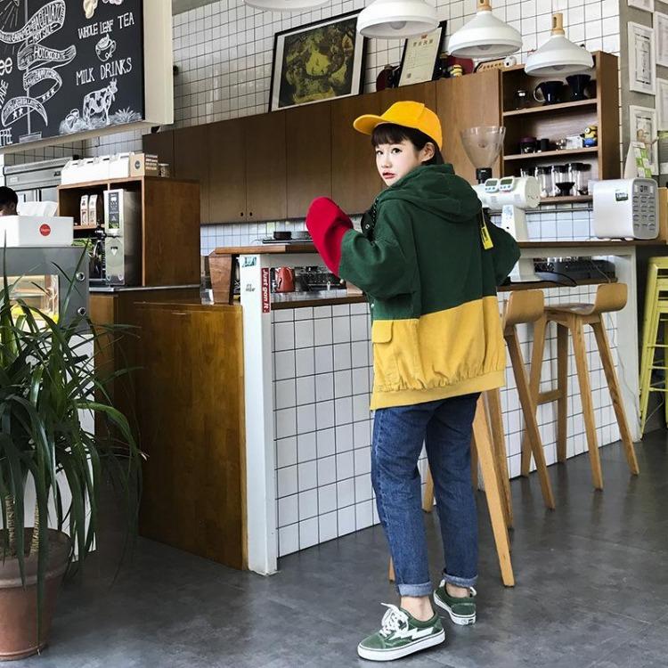 Women Hooded Corduroy Jacket Streetwear Patchwork Coat Autumn Windbreaker Outerwear Brand