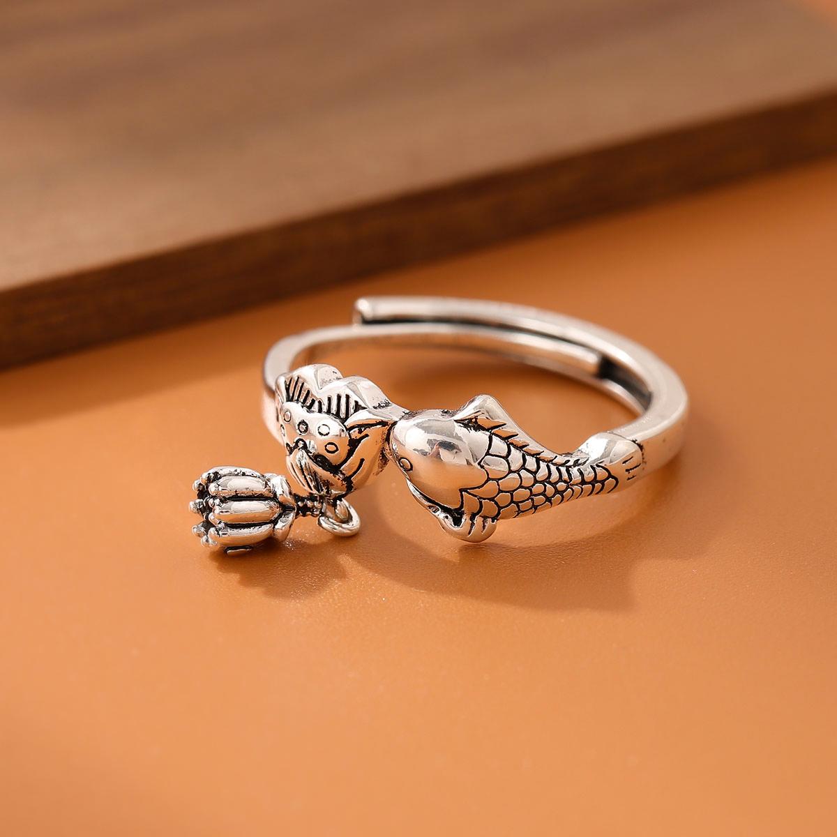 

New Personality Creative Carp Lotus 925 Sterling Silver Jewelry Flower Fish Temperament Animal Opening Rings R339 серебряный