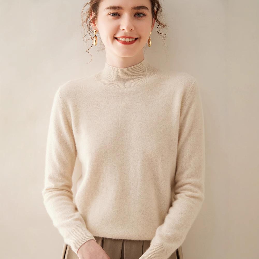 Women's Half-High Neck Cashmere Sweater - Solid Color Inner Layer Pullover