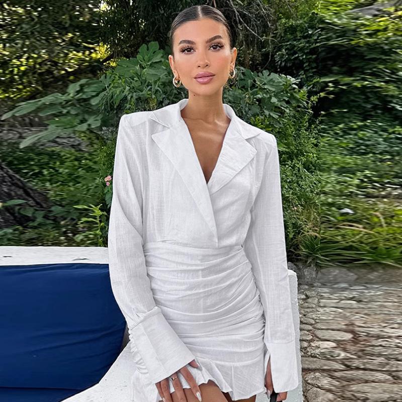 Witte Katoen en Linnen Slim Ruffles Rand Jurk Dames Slim Heupomsluitende Jurk Revers Lange Mouwen Mode Lente en Zomer