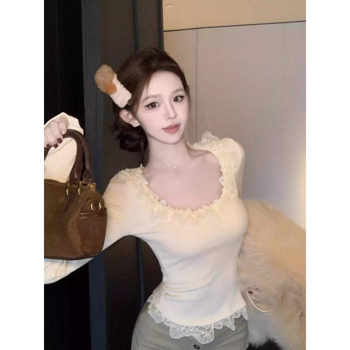 Women s Autumn Square Neck Waist-Cinching Knit Top - French Lace Patchwork, Slim Fit, Sexy Style, Long Sleeve Extra Large абрикосовый