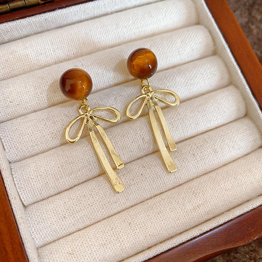 Silver Needle Melamine Resin Bowknot Two-Way Retro Dangle Earrings - High-End Autumn Winter Fashion Jewelry