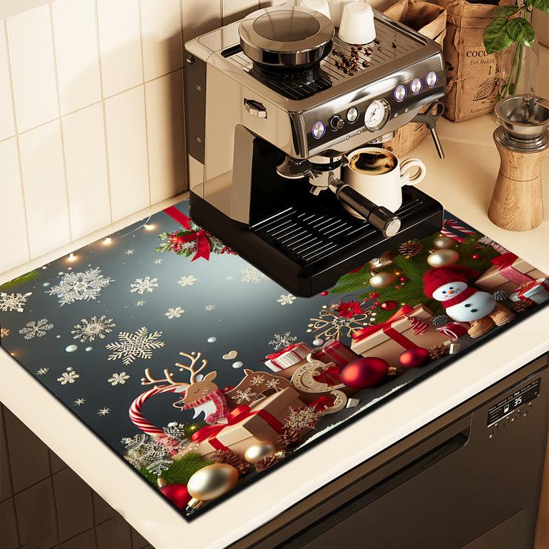 1Pcs Rubber Drying Mat With Christmas Style Print For Coffee Shop Restaurant Kitchen Carpet Tableware Durable Diatom Mud Table Mat Pet Mat Coffeeware