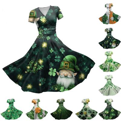 Women's V-neck St. Patrick's Day Printed Waisted Shirred Short Sleeve Dress