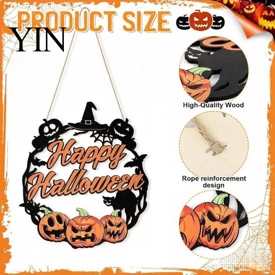 Fall Front Porch Signs Halloween Wooden Wreath Door Hanger Sign, Pumpkin Ghost Black Cat Witch Ornaments Bat Patterns, Hanging Plaque for Farmhouse