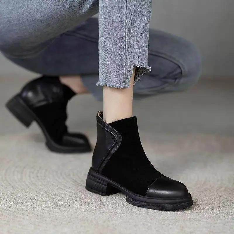 Fashion Booties Soft Round Toe Retro Style Female Short Shoes Height Increasing Large Size Warm Autumn High Quality Women's Ankle Boots