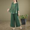 2025 New Style Embroidered Top & Wide-Leg Pants Set for Middle-Aged Women - Three-Quarter Sleeve Summer Outfit