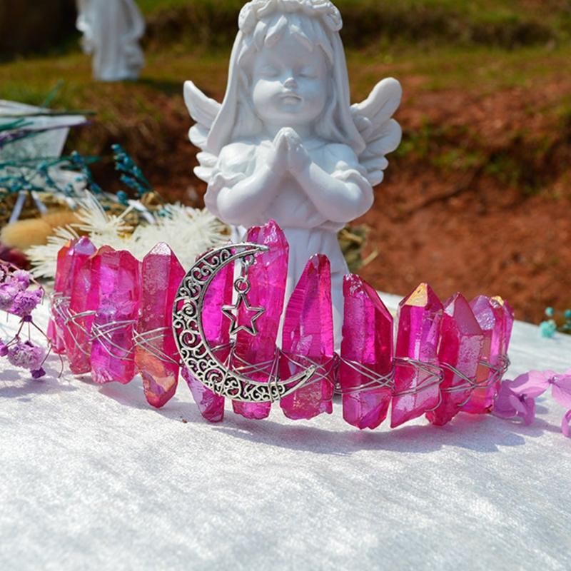 Queen Crown Headbands Natural Crystal Hairbands Women's Handmade Hair Accessories for Wedding Moon Witch Party Costumes