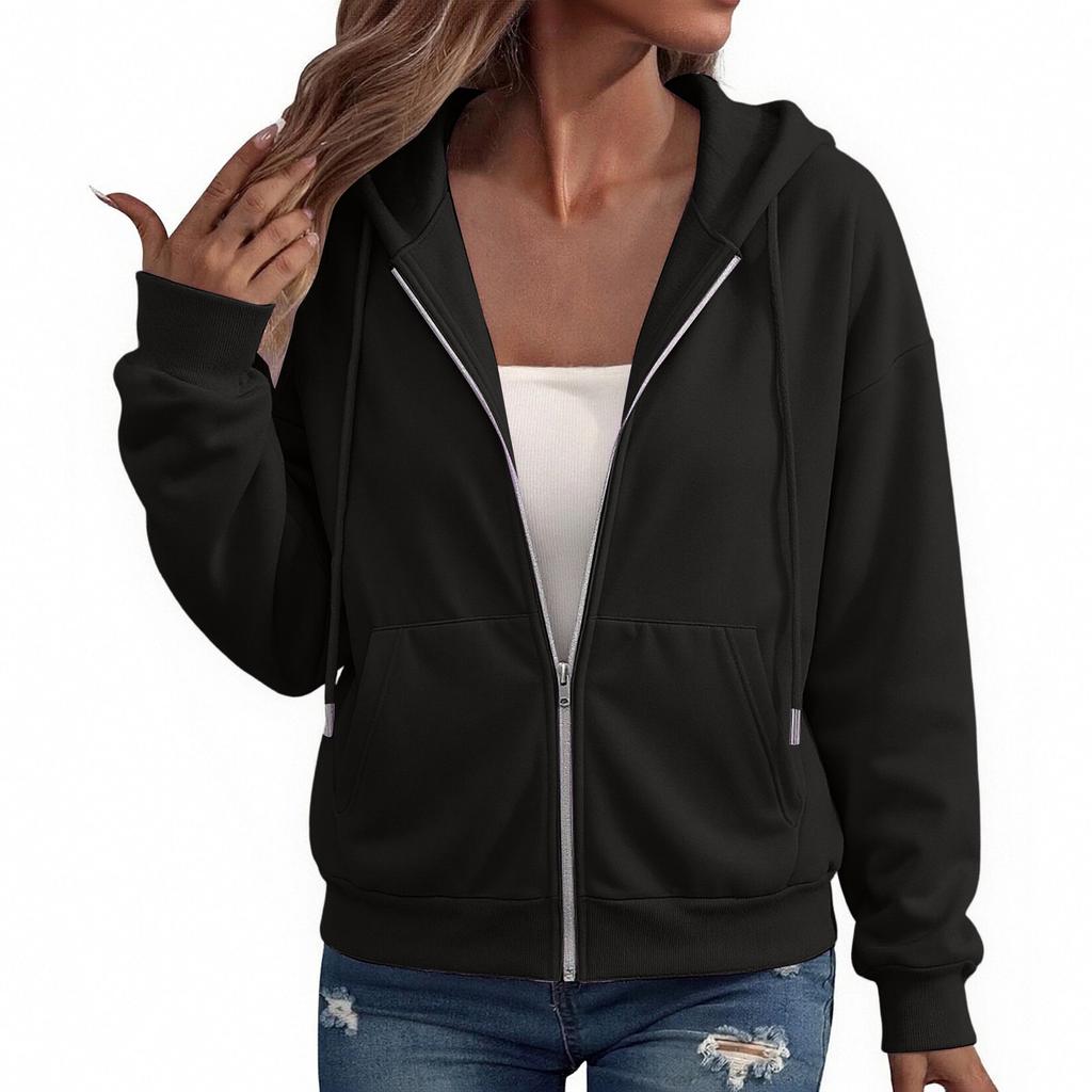 Women's Color Loose Fit Hooded Jacket with Zipper Winter Coat