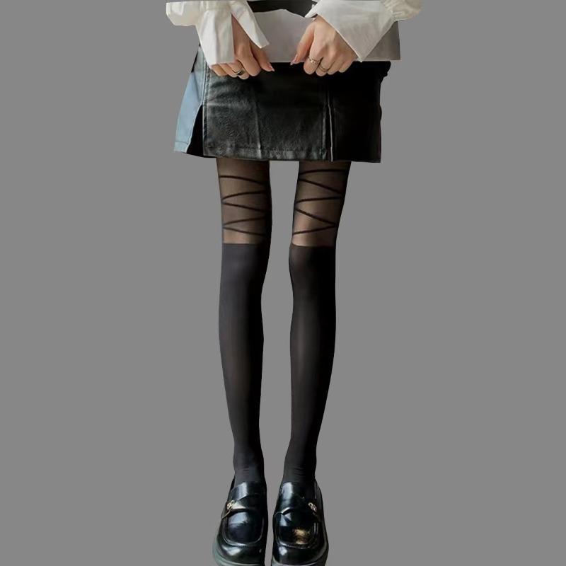 Een paar stijlvolle gestreepte panty's voor dames met dijband hoge elastische doorschijnende maillots