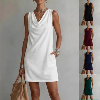Letnia Moda Damska Nowa Jednokolorowa Elegancka Seksowna Sukienka z Falbankowym Kołnierzykiem Bez Rękawów