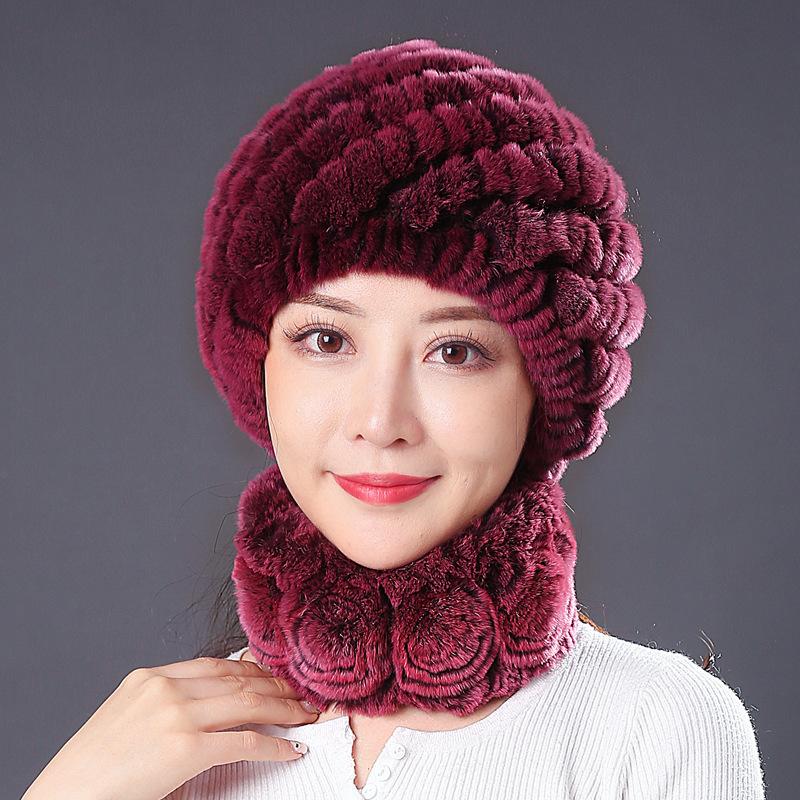 Hat Female Autumn Winter Trendy Versatile Rex Rabbit Hair Cycling Warm Ear Protection Fur Hat Scarf Set