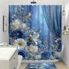 4pcs Blue And White Flower Bird Dream Window Printed Shower Curtain Set, Ring Multi Size, Decorative Bathroom Set Includes