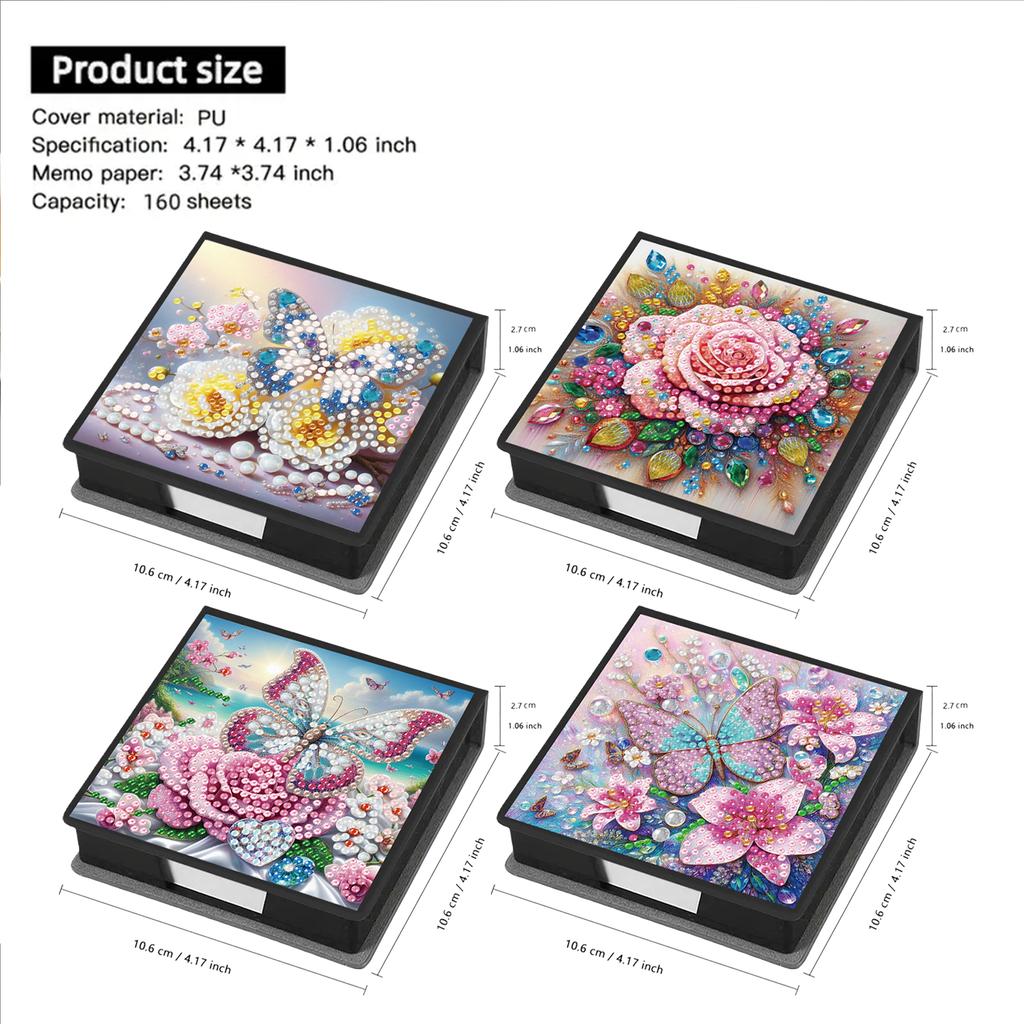 4Pcs DIY Rhinestones PU Crystal Note Box with 160 Sheets Paper Gem Painting Notecard Box for Living Room Home Office Decoration