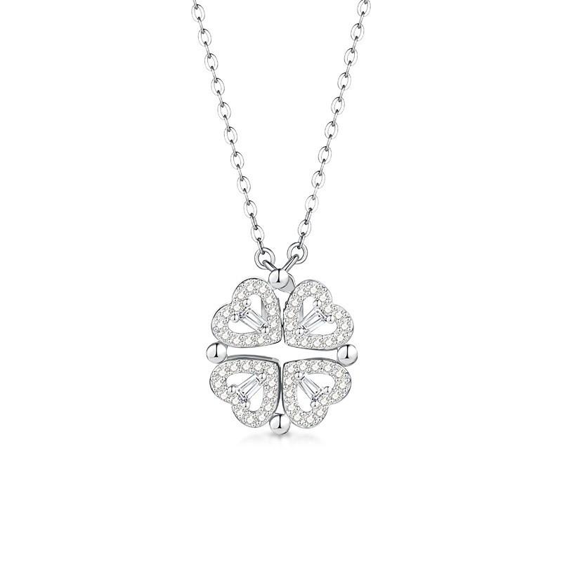 Sterling Heart Pendant Necklace With Clover Zircon Charm Magnetic Clasp Women Fashion OL Jewelry