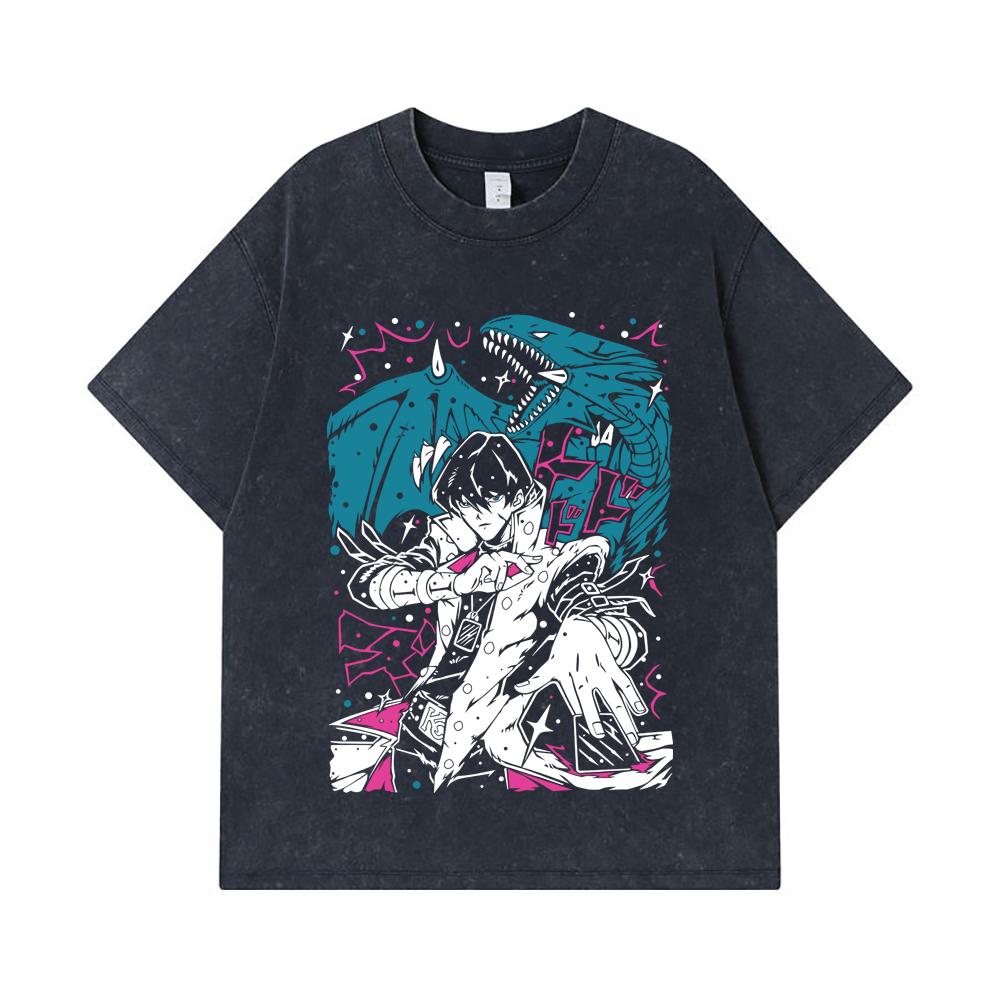 275 GSM Washed T-shirts 100% Cotton Yu-Gi-Oh V7 Seto Kaiba Print Unisex Heavy Cotton T Shirt