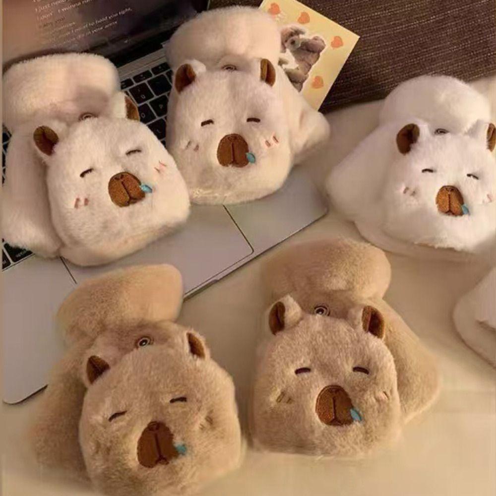 Flip Cover Capybara Gloves  Winter Velvet Gloves Lovely Women Mittens  Outdoor