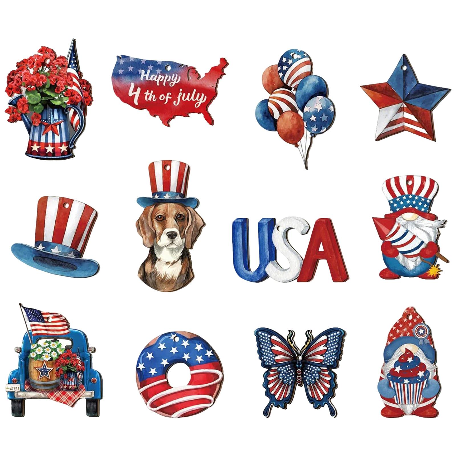 

12 Piece Wooden Hanging Ornaments Set Independence Day Theme Decorative Wood Cutouts for Tree Garland Wall Door Window Party Decor One Size