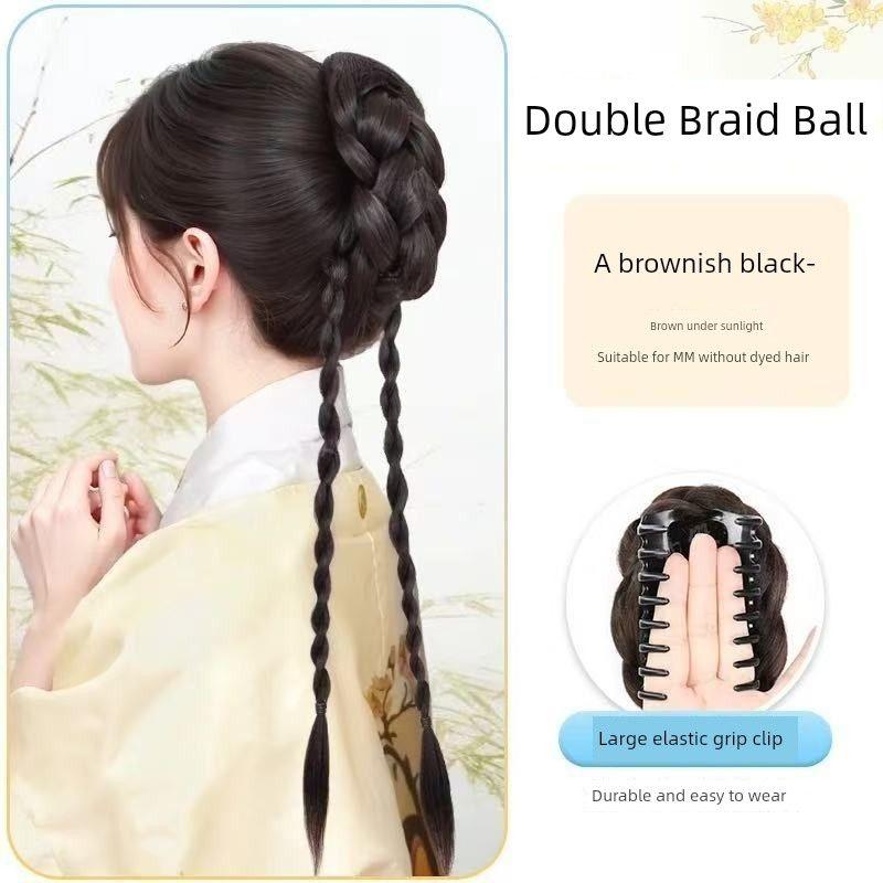 

False Braids Children s Ribbon Bows Bud Grip Twist Braid Gold Feeling Updo Gadget Back Head Chignon Double braid ball head [black Brown] Single Pack