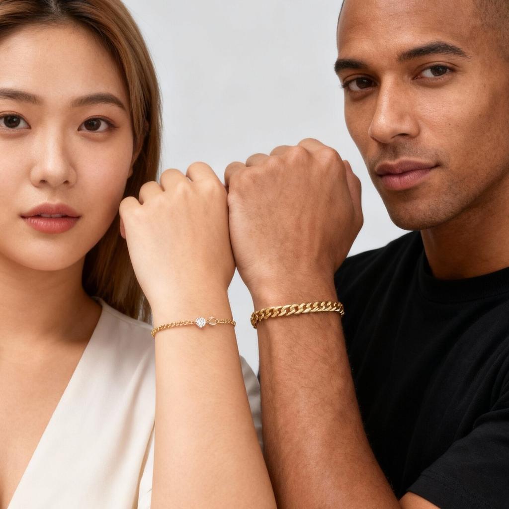 Gold Color Chain Bracelet for Couple Women Men,Stainless Steel Heart Shape Zircon Adjustable Wristband,Valentine's Day Gift