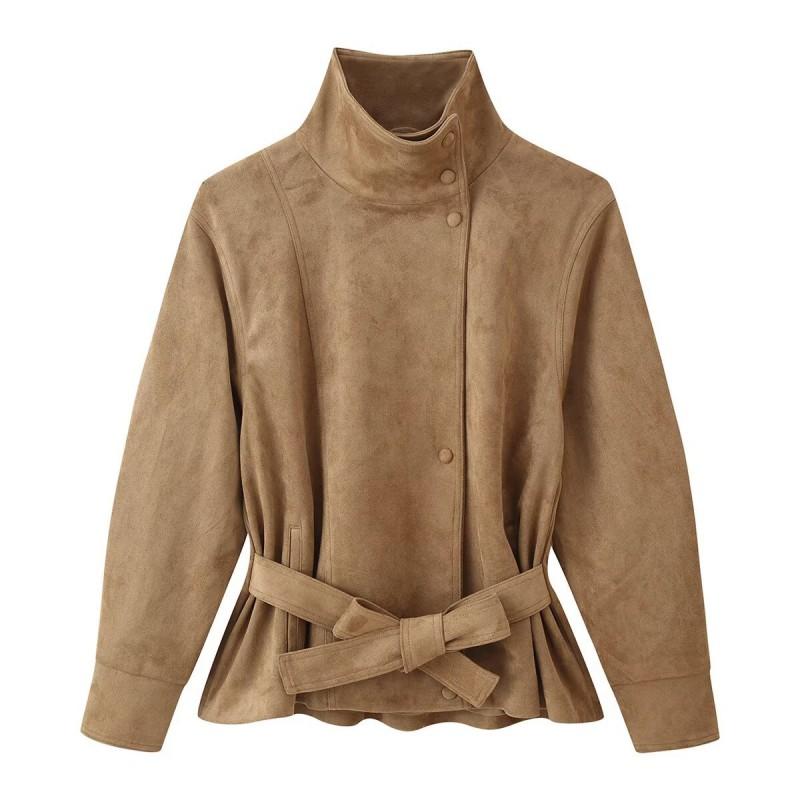 ZA Giacca da Donna Autunno 2026 in Ecopelle Scamosciata con Cintura Casual Collo a Stand Vestibilità Slim Capospalla