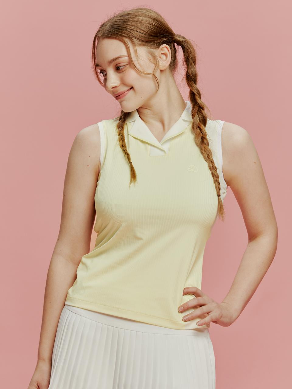 Twenis Hall Ribbed Collar Contrast Sleeveless Women [Lemon] Lemon/95