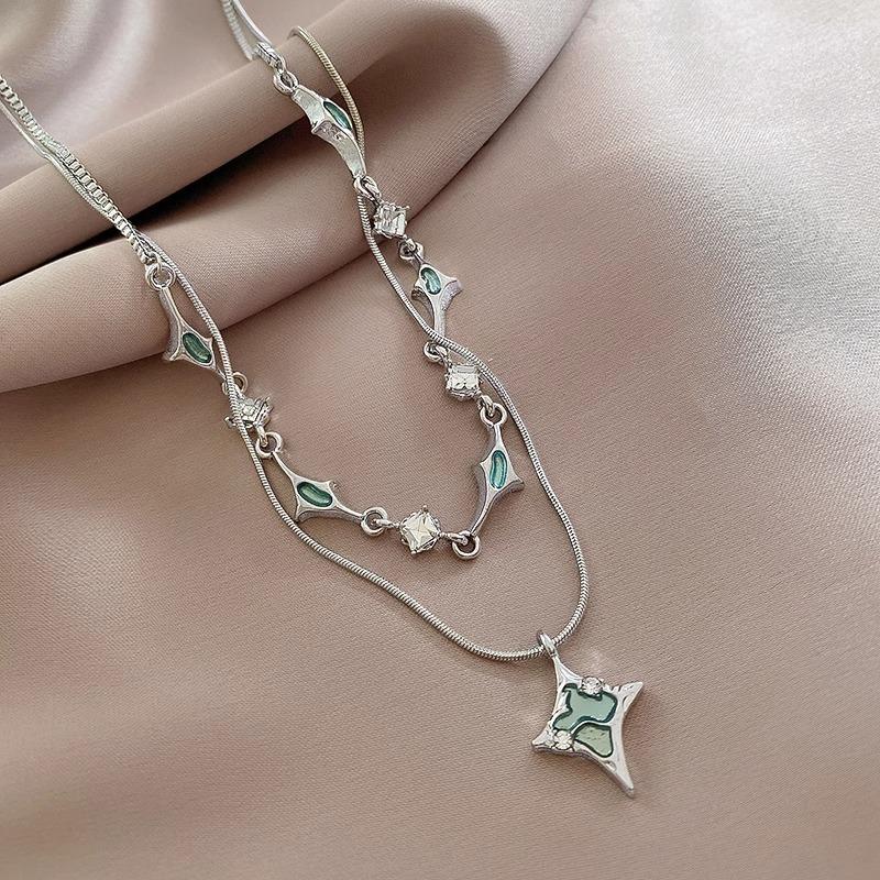 Double-layer blue tetragonal zircon necklace women's summer niche design accessories fashion temperament collarbone chain
