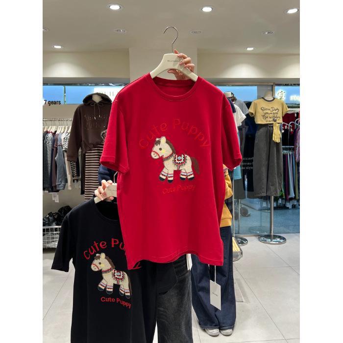 2026 New Year's Red Little Horse Oversized Mid-length Women's T-shirt - Early Spring De Rong Design