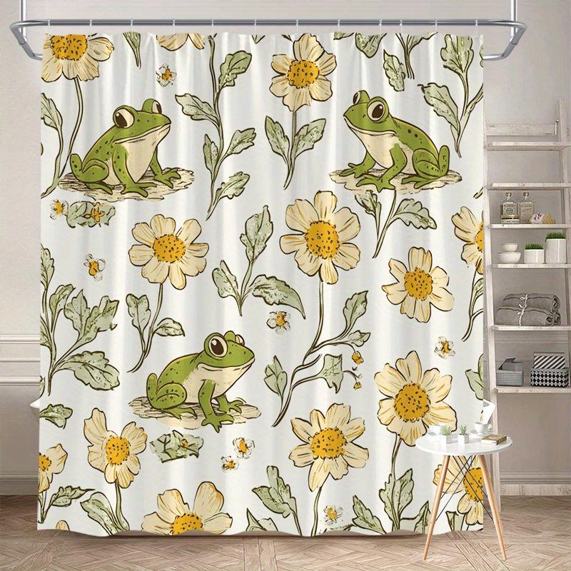 

Whimsical Green Frogs & Daisy Shower Curtain - Playful Garden Design, Soft Pastel Colors On Cream, Machine Washable Polyester W60H190(CM)-1 Pcs