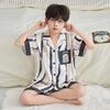 Boys Ice Silk Pajama Set Short Sleeve Shorts Cardigan Cartoon Print Kids Home Wear Ages 8