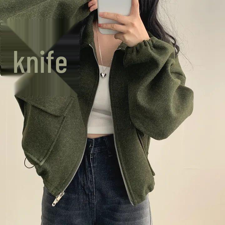 Koreaanse Chic Franse Stijl Dubbele Zak Rits Revers Trekkoord Korte Jas voor Dames (Herfst/Winter)