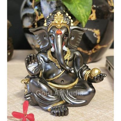 Gaddi Ganesha Idol (3.5") - Magnet Color with Golden Jewelry - Perfect for Car Dashboards, Offices, and Homes, Synthetic Resin, Idol