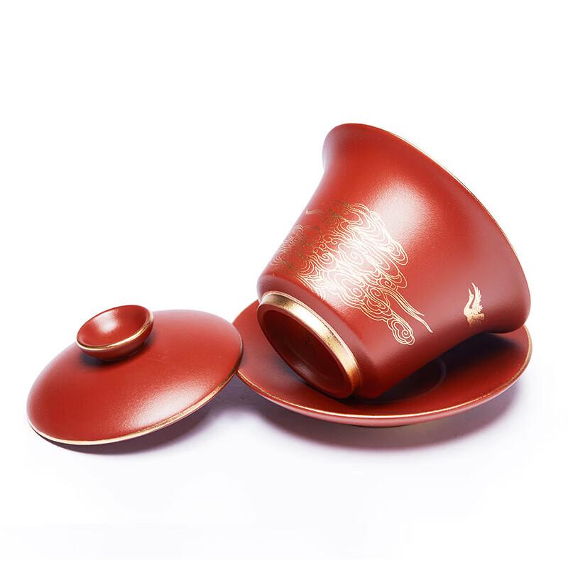 Handmade Yixing Zisha Gaiwan with Gilded Crane Design