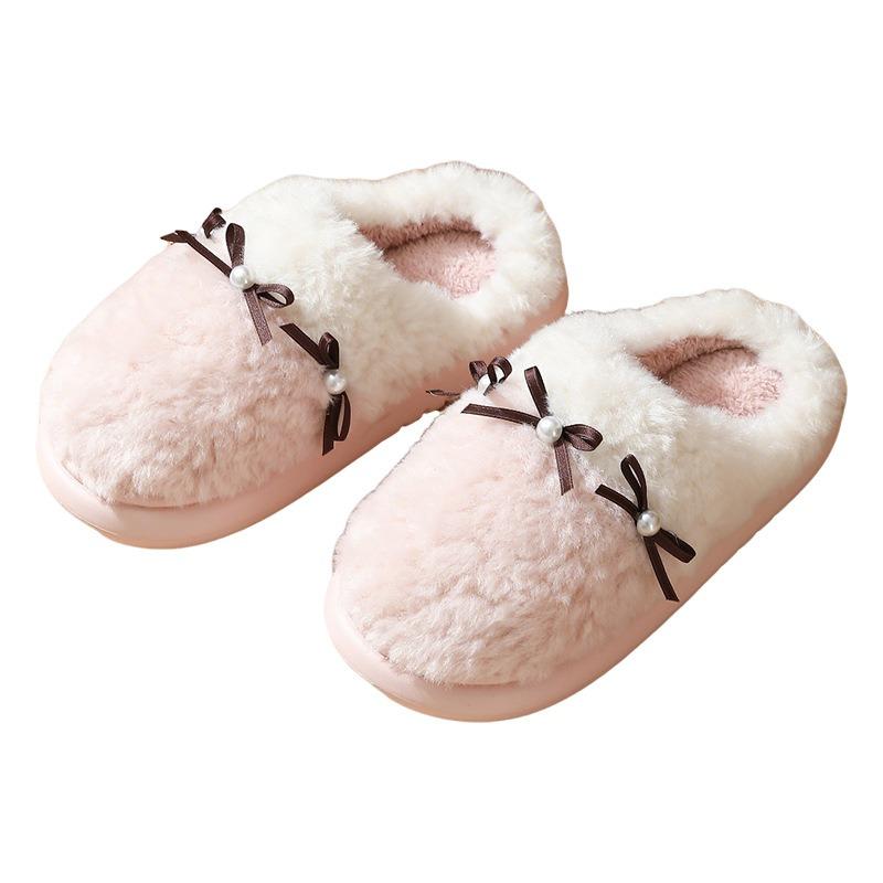 New winter pearl bow women thermal cotton slippers couple home bedroom fluffy floor mop