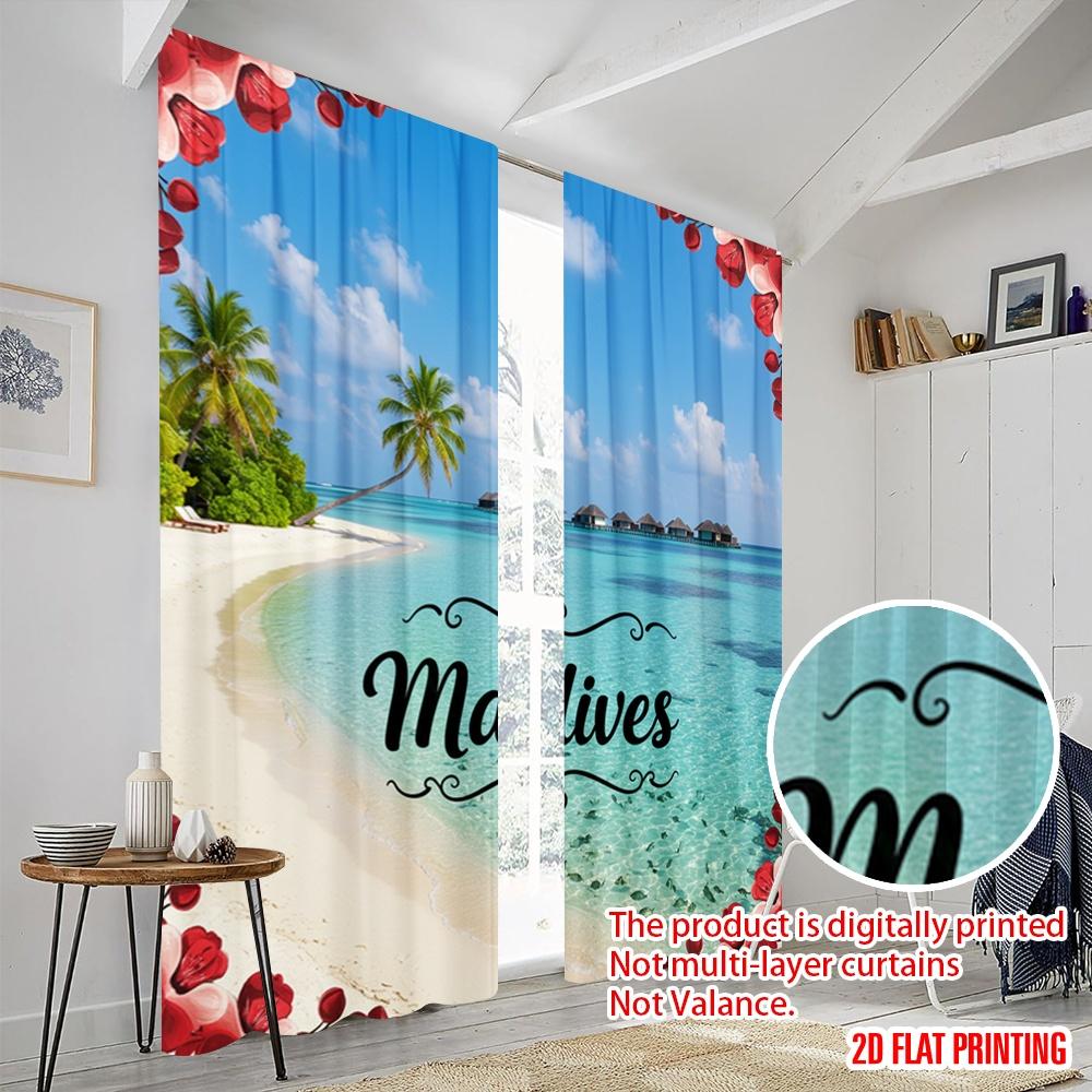 2pcs 2D Flat Printing Scene Curtains Maldives Tropical Island Paradise 100% Polyester Fabric Without Electricity Birthday Party
