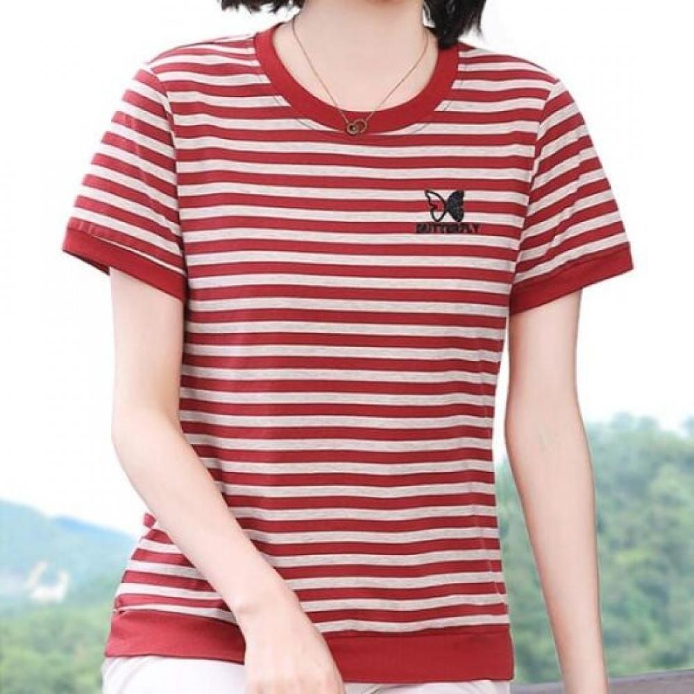 Navava NT2379 BuTTerfly Embroidery PoinT STripe ShorT Sleeve T shirT