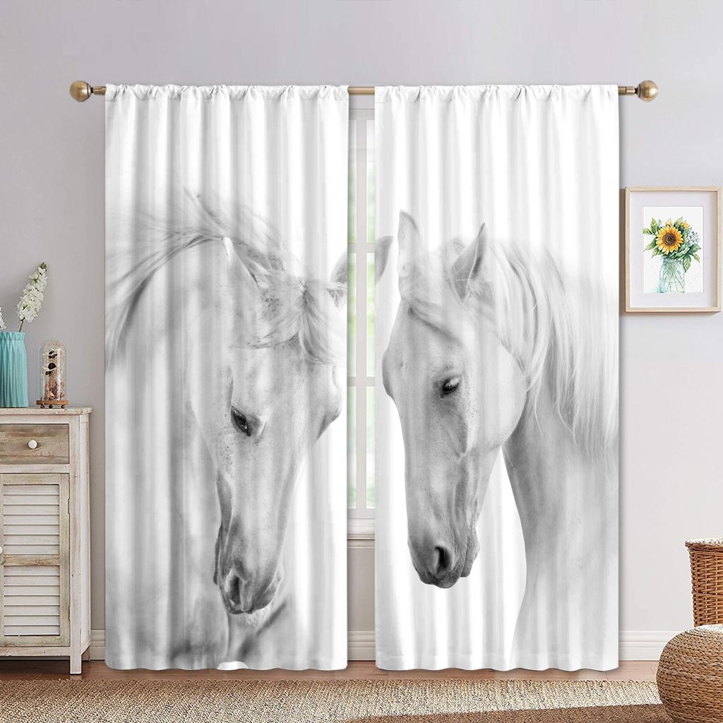 2 Stück Fenstervorhänge mit schwarz-weißen Pferden, die im Wettbewerb um den Rennsport stehen, für Wohnzimmer, Küche, Kinder, Schlafzimmer, Dekoration, hängender Vorhang