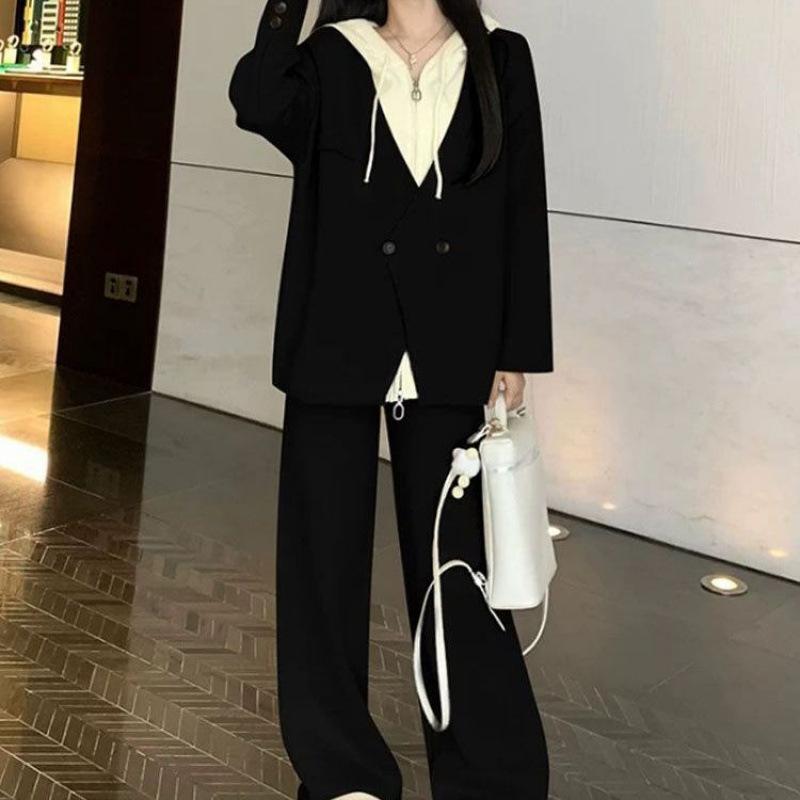 Spring and Autumn Long-sleeved Fake Two-piece Hooded Top Loose Large Size Belly-covering Trousers Suit for Women