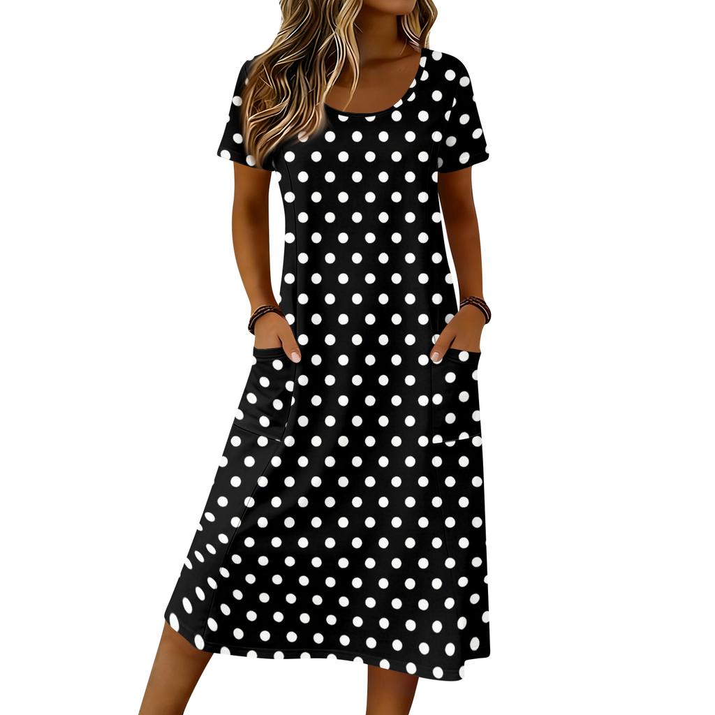 Women’s Short Sleeve Polka Dot Midi Dress with Scoop Neck and Side Pockets Casual Loose Fit Soft Fabric Design