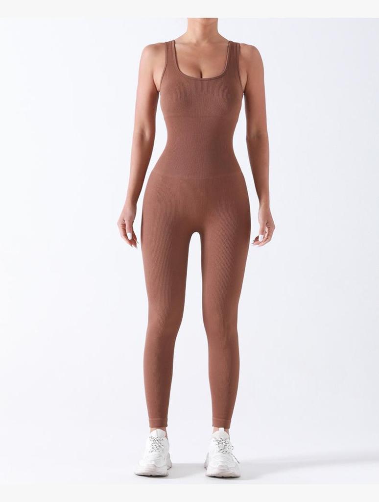 Seamless Ribbed Knit Jumpsuit with Chest Pad for Yoga and Fitness