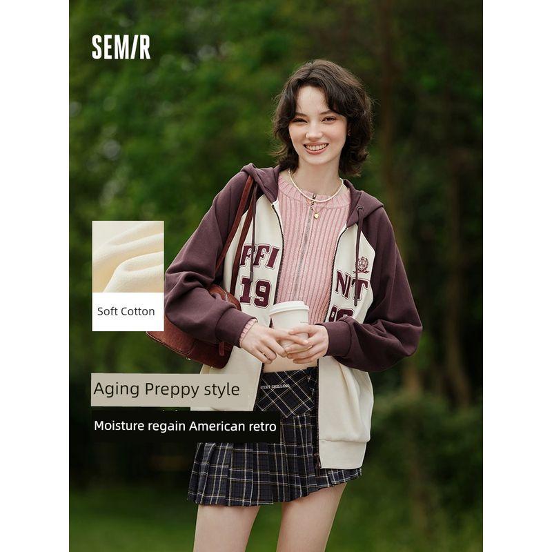 

Senma Outwear Women s Hooded Raglan Sleeve Loose Tops Women s Autumn Trendy Embroider Contrast Color Jacket American Retro White Brown 00415 165/88A/L