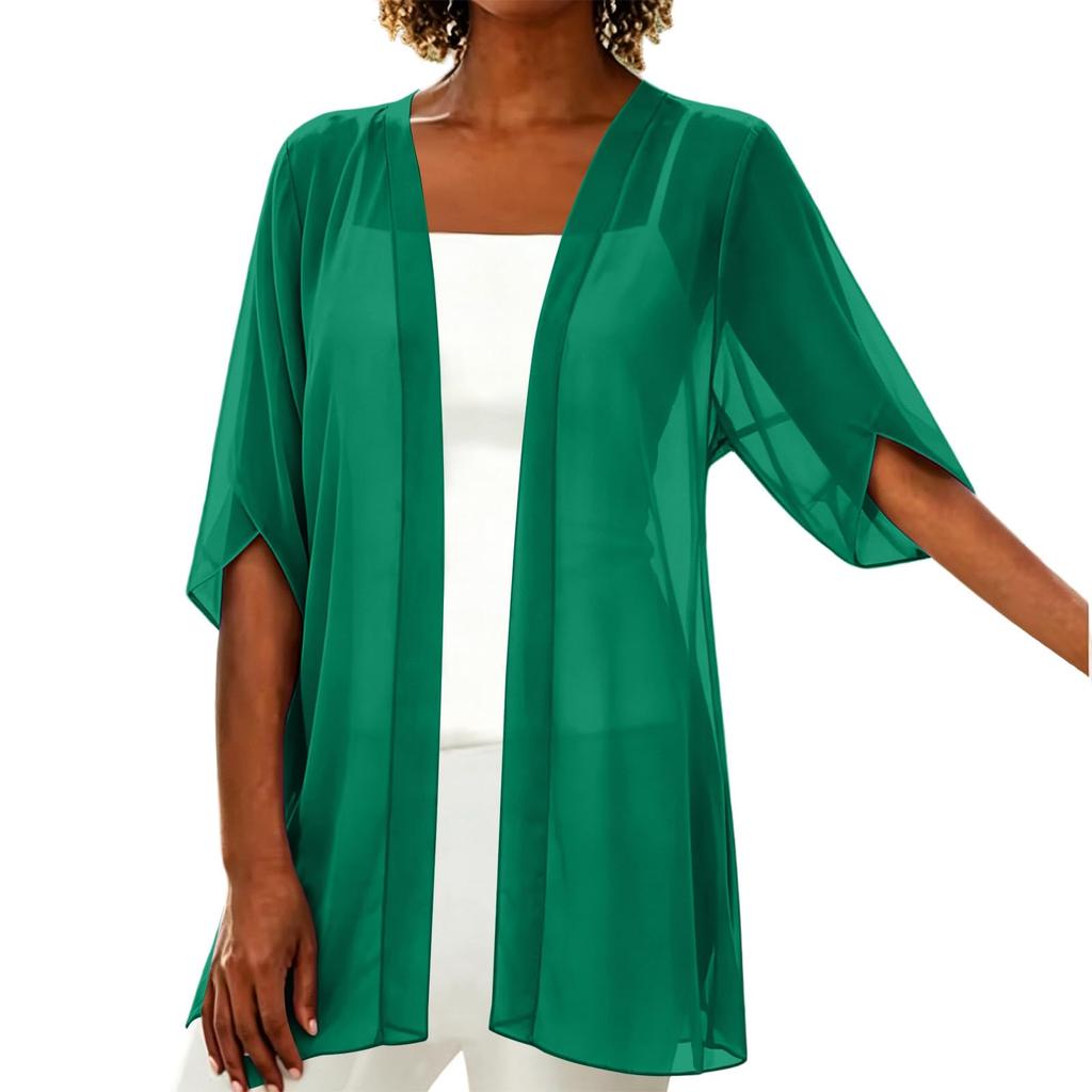 Women's Color 3/4 Sleeve Chiffon Cardigan - Lightweight Summer Loose Fit Open Front Casual Outerwear for Women